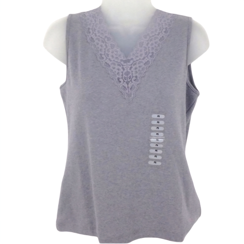 NWT 🔖Laura Ashley Lace‎ Trimmed V Neck Gray Tank Top.